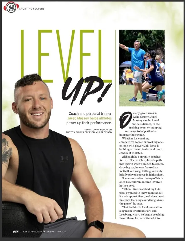 First page of the Lake & Sumter Style magazine feature on Coach Jared Massey, titled Level Up