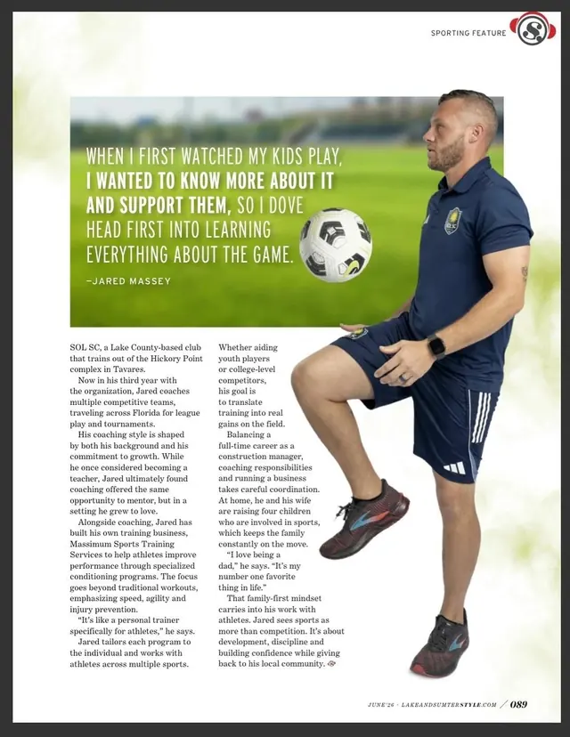 Second page of the Lake & Sumter Style magazine feature on Coach Jared Massey
